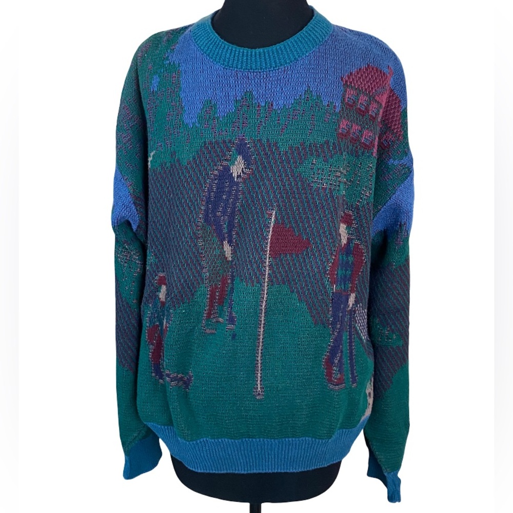 Vintage Carmel golf scene crew neck knit retro statement sweater size XL
